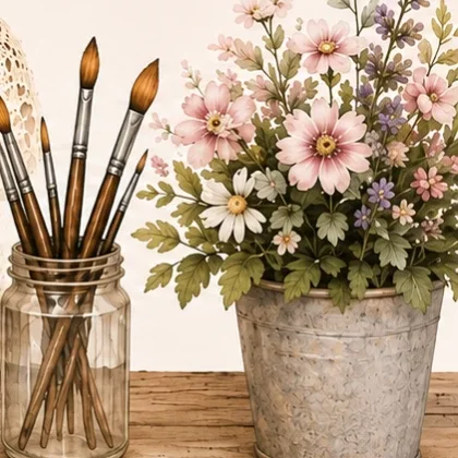 Glass jar of paintbrushes next to a tin bucket of pink flowers