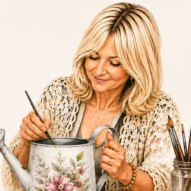 Illustration of Sally smiling as she paints a watering can