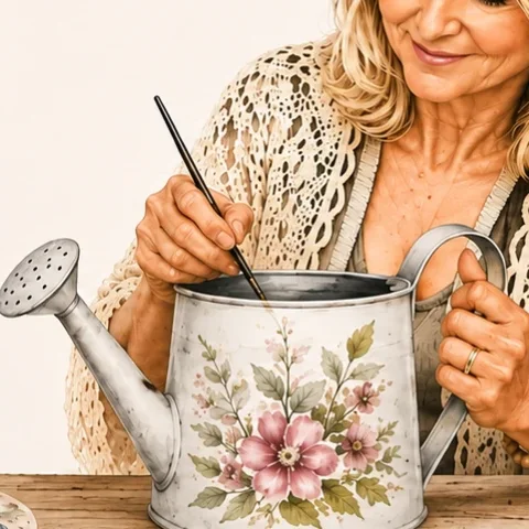 Galvanised watering can painted with pink wildflowers