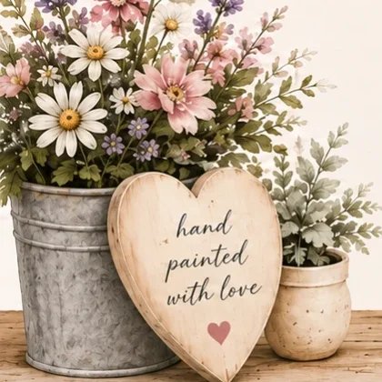 Wooden heart sign reading hand painted with love